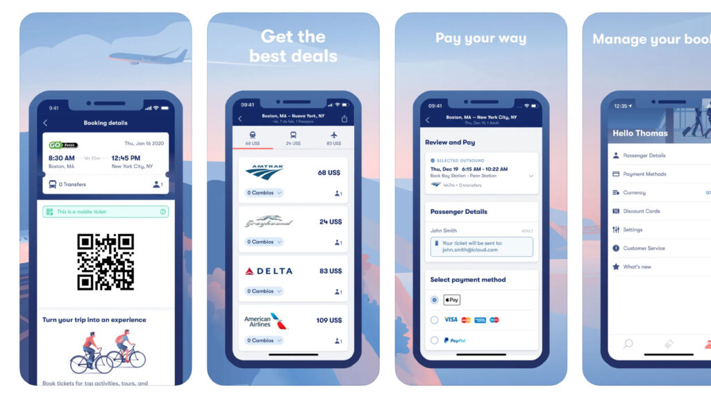 four phone screenshots of the Omio transportation app
