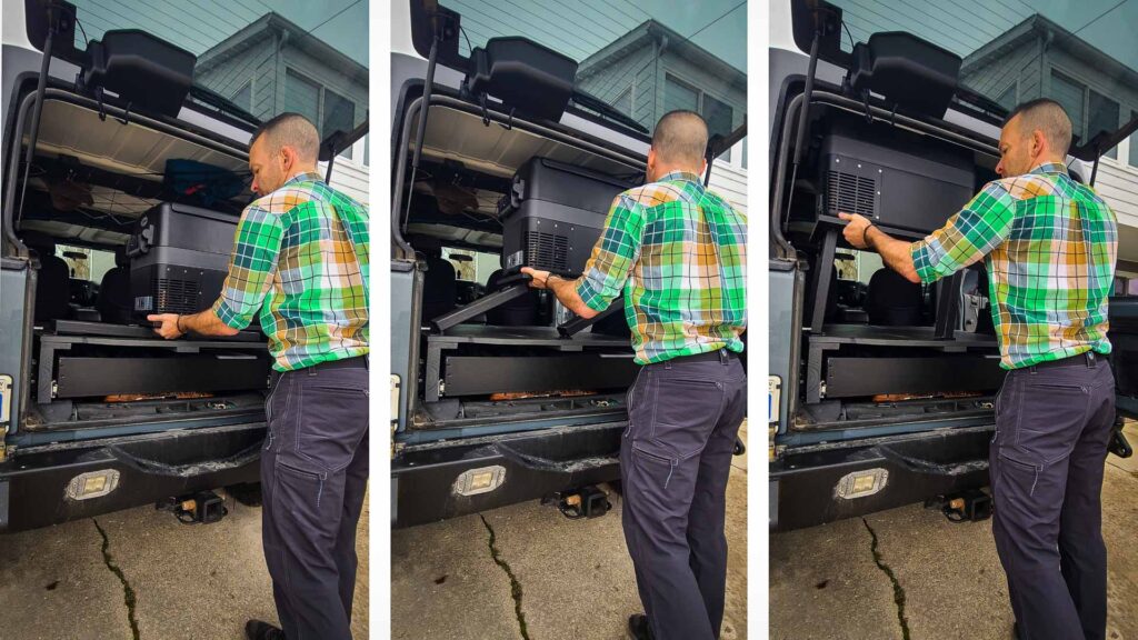 Jeep Wrangler RV Cooler shelf being lifted