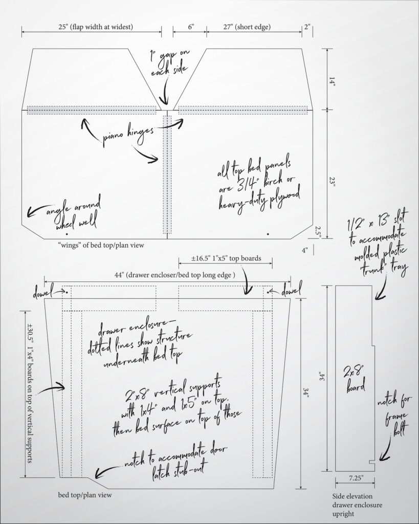 Black and white detailed notes and drawings of a Jeep Wrangler DIY bed platform top and uprights