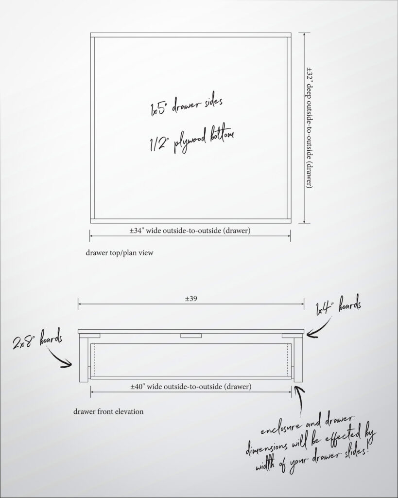 Black and white detailed notes and drawings of a Jeep Wrangler DIY bed platform drawer