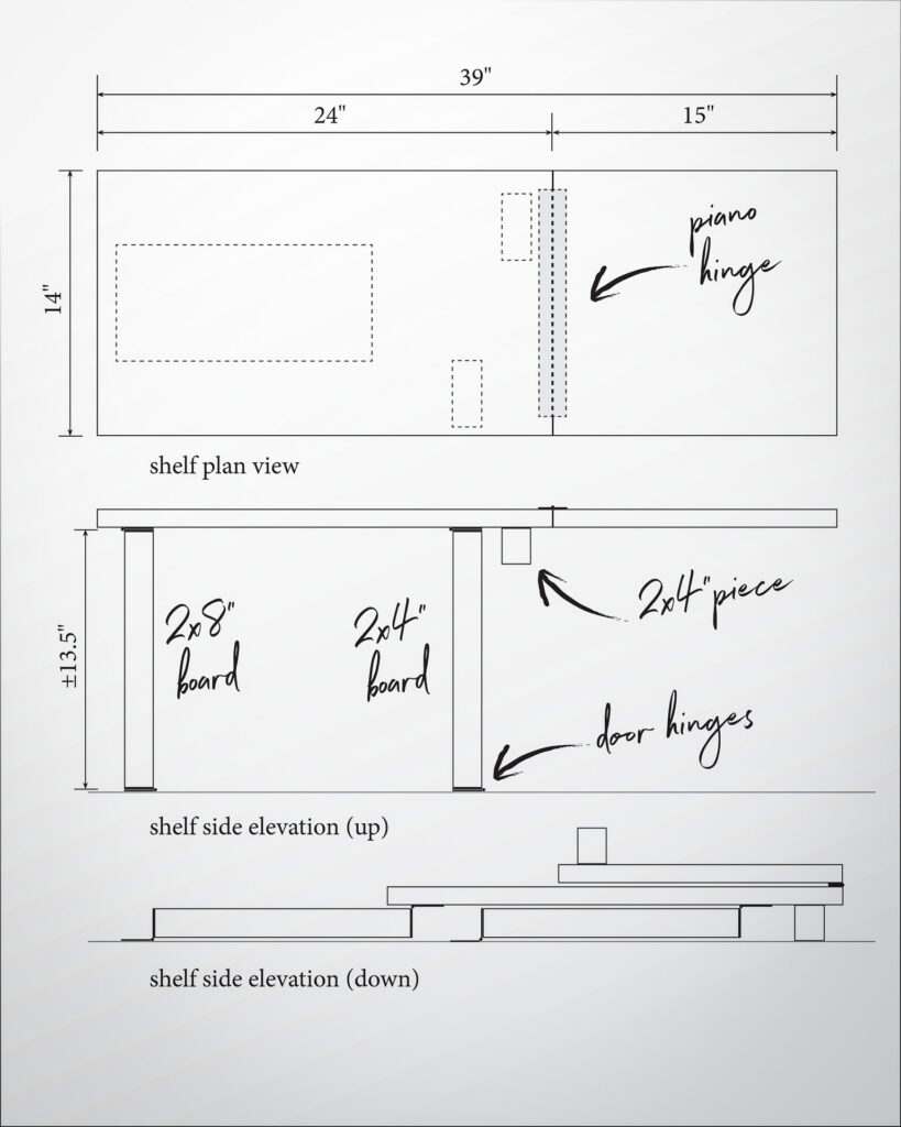 Black and white detailed notes and drawings of a Jeep Wrangler DIY bed platform shelf