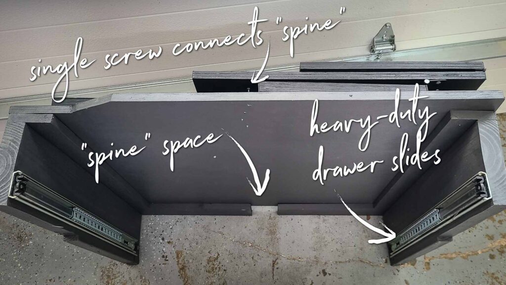 The drawer and shelf components of a Jeep Wrangler bed platform showing drawer slides and detailed notes