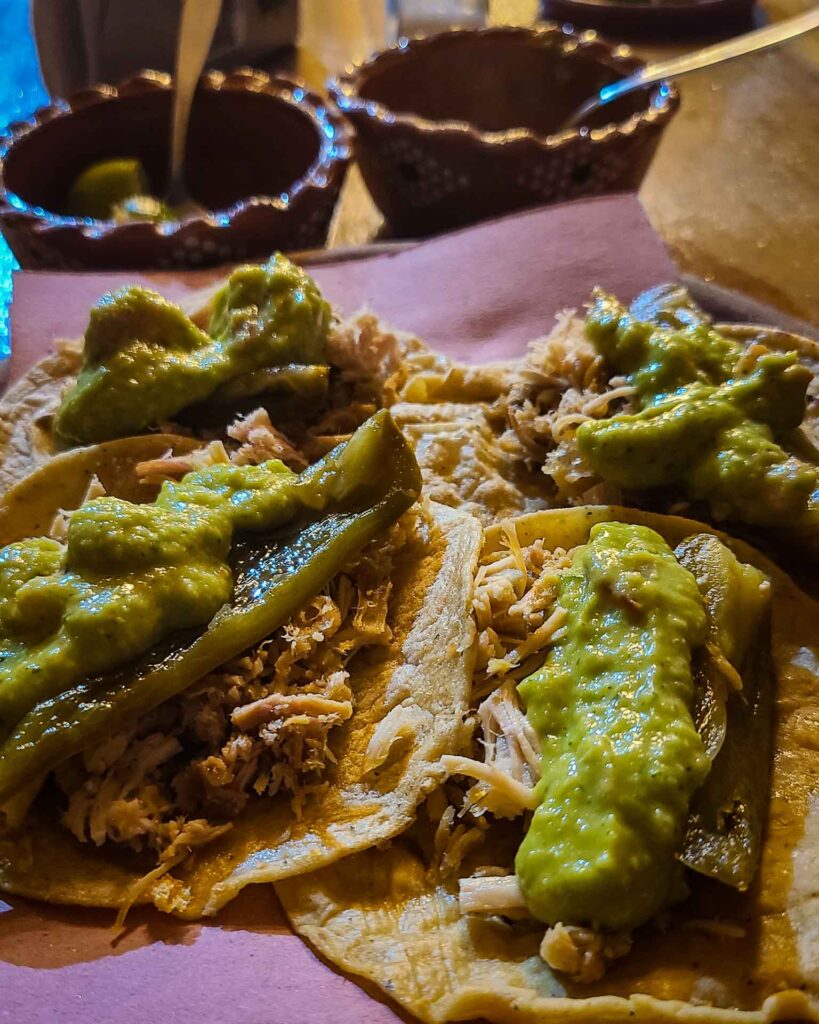 Tacos de Lechon with pickled peppers and salsa verde tacos