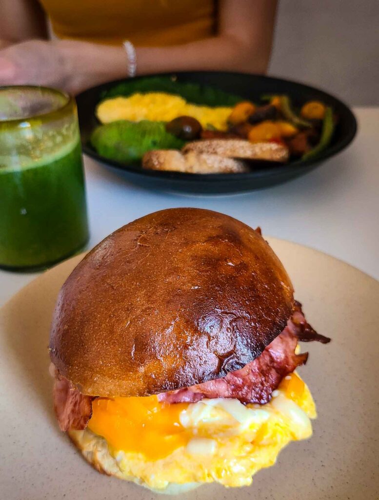 Egg and ham on a brioche bun in Mexico