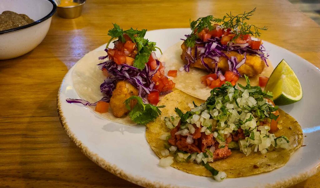 Fish tacos on a plate from Humar in Oaxaca Restaurant